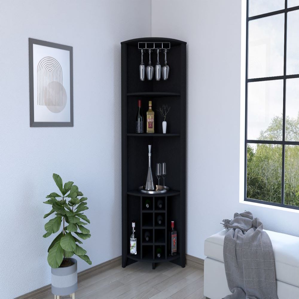 Corner Bar Cabinet  Castle, Three Shelves, Eight Wine Cubbies, Black Wengue Finish-0