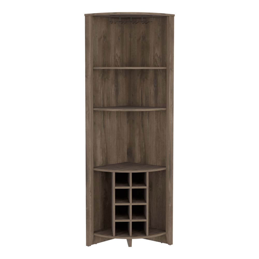 Corner Bar Cabinet  Castle, Three Shelves, Eight Wine Cubbies, Dark Brown Finish-4