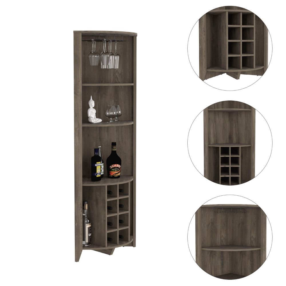 Corner Bar Cabinet  Castle, Three Shelves, Eight Wine Cubbies, Dark Brown Finish-1