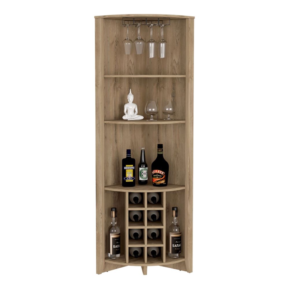 Corner Bar Cabinet  Castle, Three Shelves, Eight Wine Cubbies, Aged Oak Finish-1