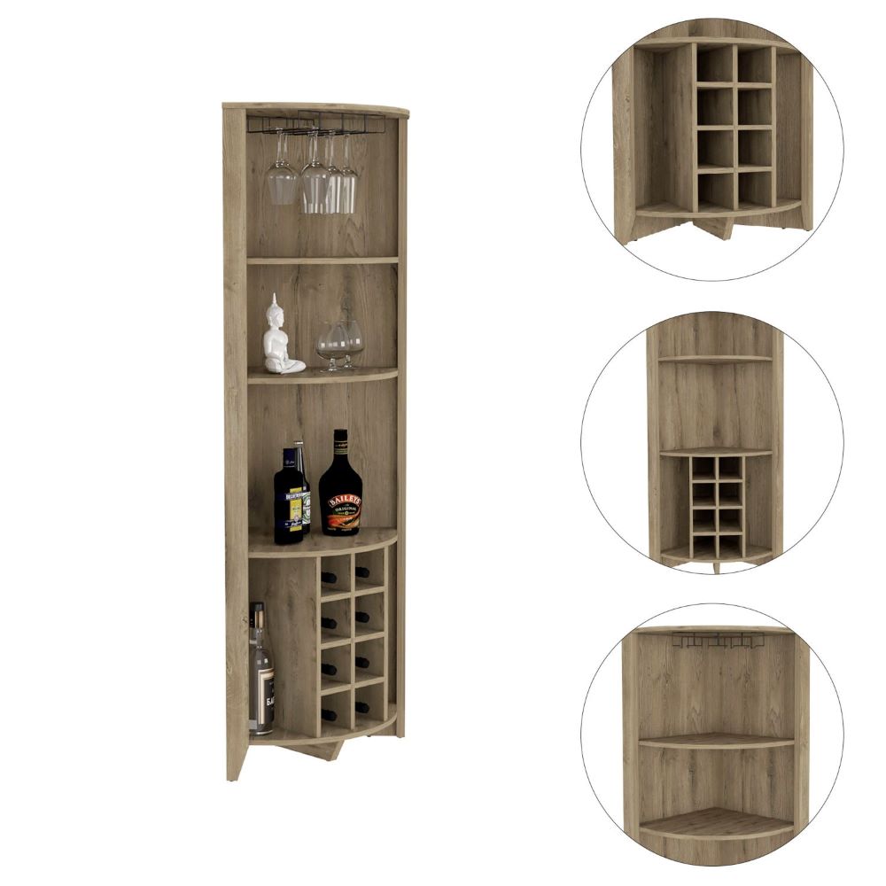 Corner Bar Cabinet  Castle, Three Shelves, Eight Wine Cubbies, Aged Oak Finish-2