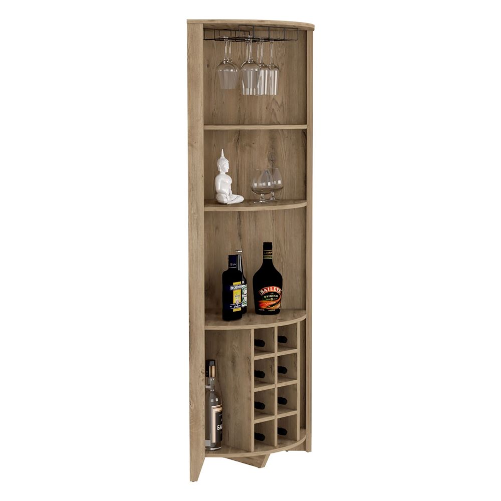 Corner Bar Cabinet  Castle, Three Shelves, Eight Wine Cubbies, Aged Oak Finish-3