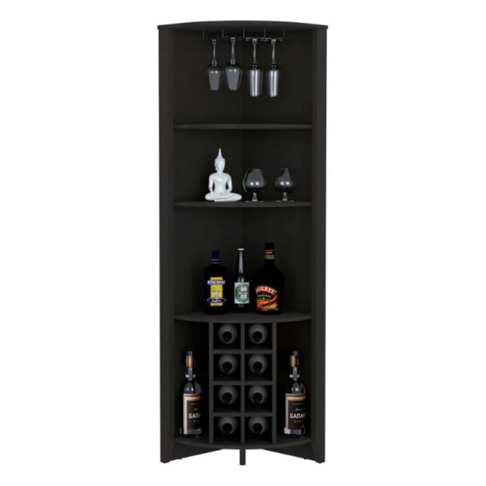 Corner Bar Cabinet  Castle, Three Shelves, Eight Wine Cubbies, Black Wengue Finish-2