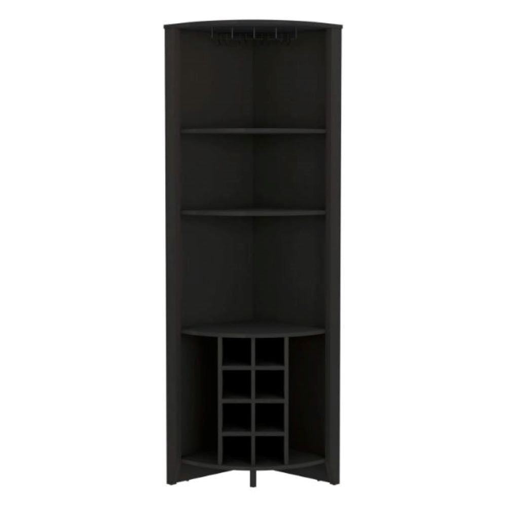 Corner Bar Cabinet  Castle, Three Shelves, Eight Wine Cubbies, Black Wengue Finish-3