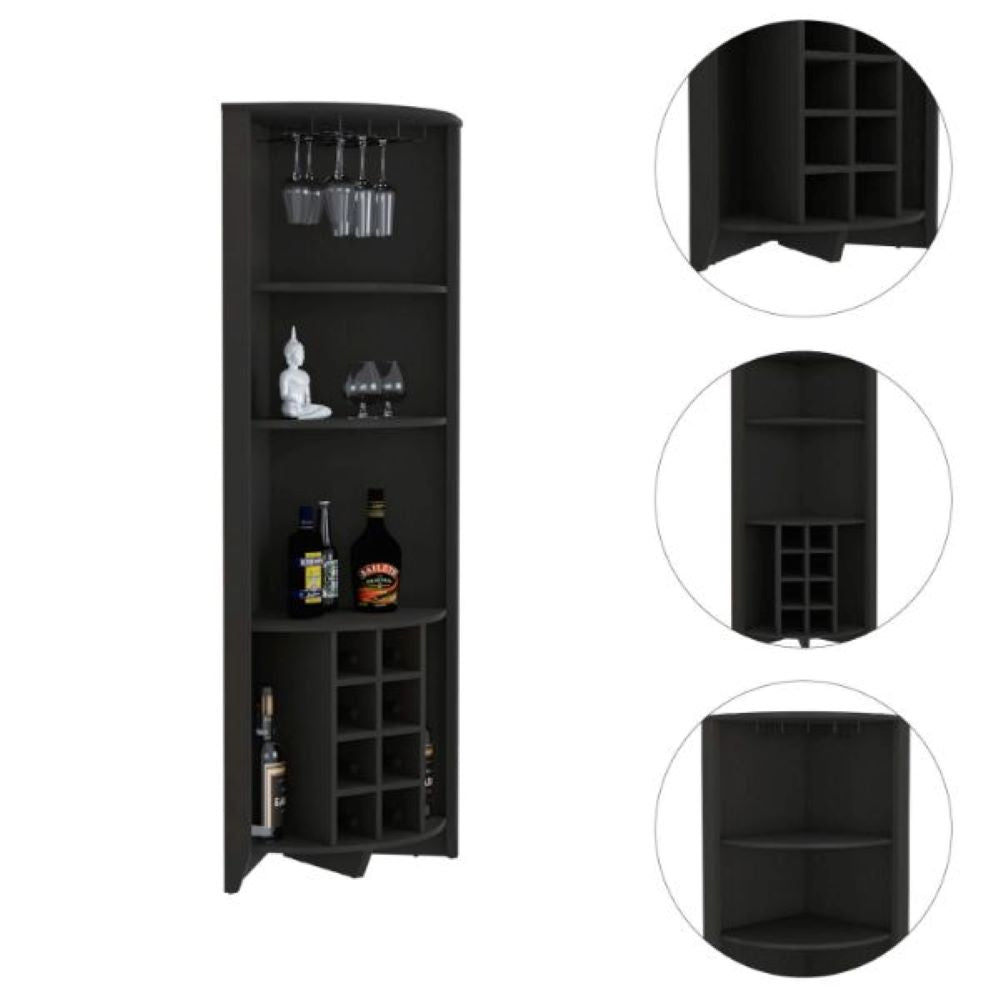 Corner Bar Cabinet  Castle, Three Shelves, Eight Wine Cubbies, Black Wengue Finish-1