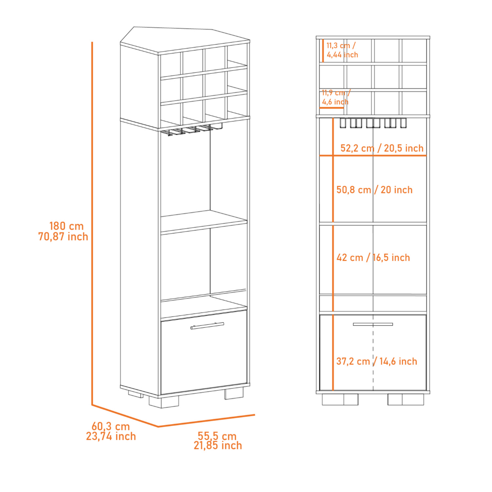 Corner Bar Cabinet Cataluña, 8 Wine Cubbies, 2 Side Shelves, Mahogany / Aged Oak Finish-3