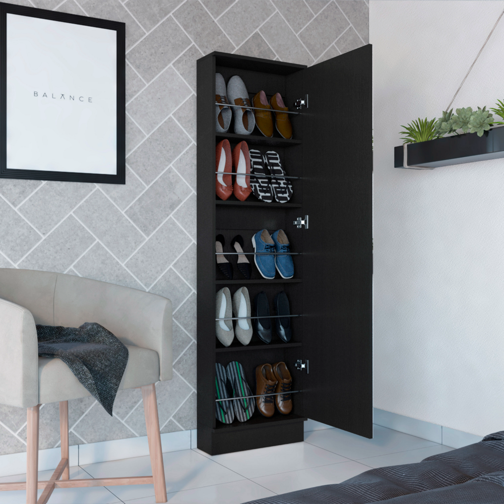 Shoe Rack Chimg, Mirror, Five Interior Shelves, Single Door Cabinet, Black Wengue Finish-1