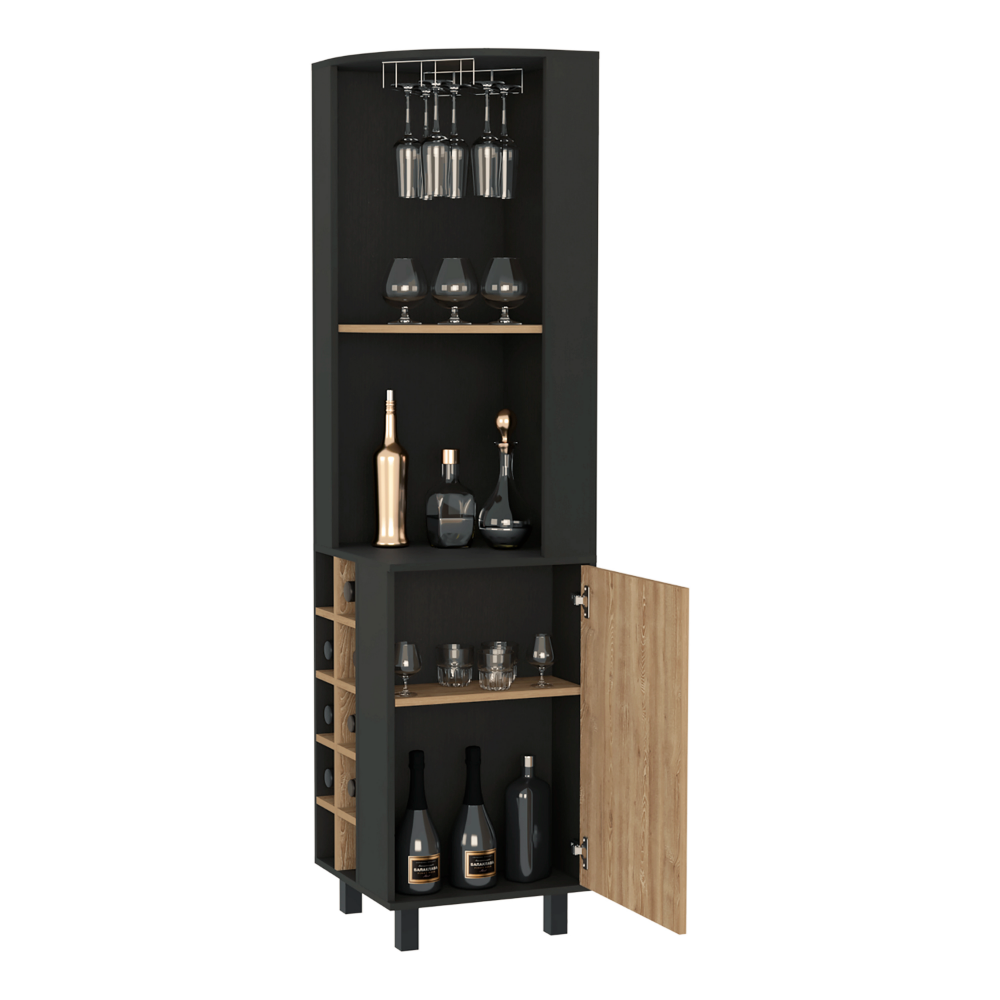 Corner Bar Cabinet Cleveland, Ten Wine Cubbies, Single Door, Black Wengue / Pine Finish-2