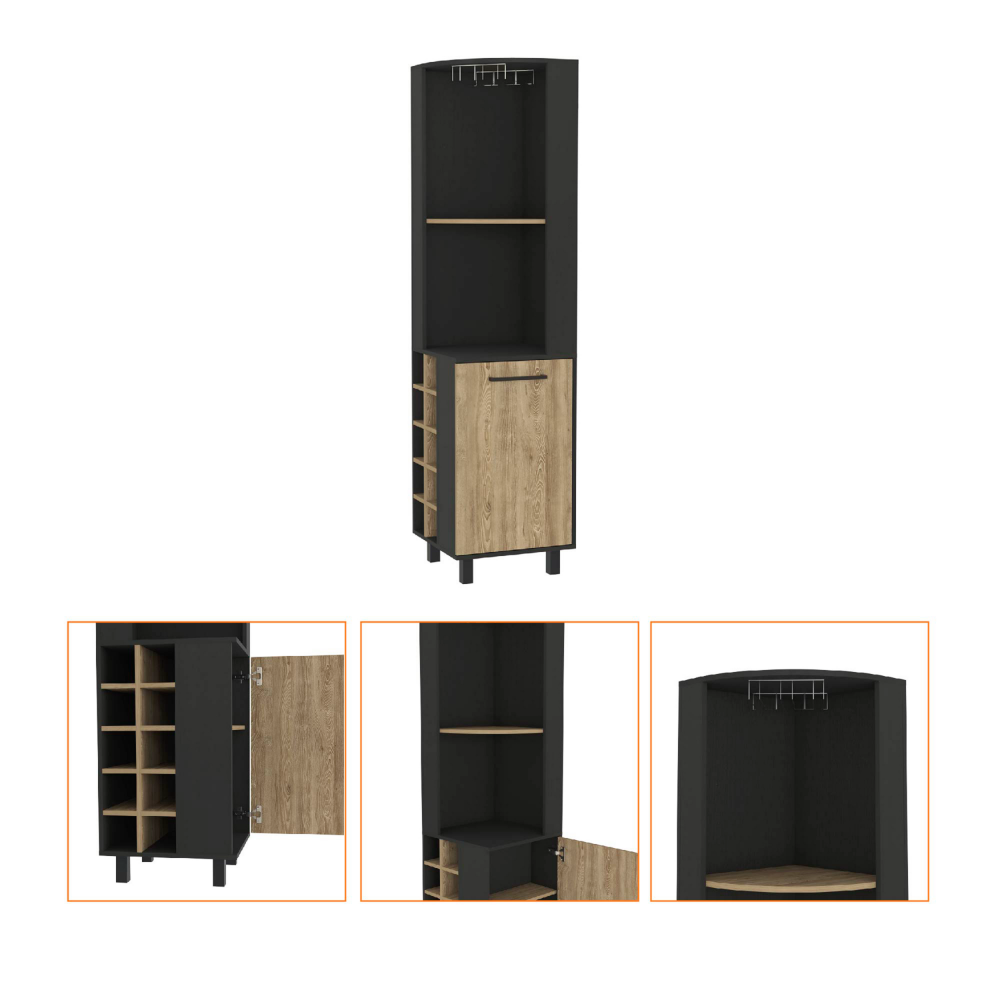 Corner Bar Cabinet Cleveland, Ten Wine Cubbies, Single Door, Black Wengue / Pine Finish-4