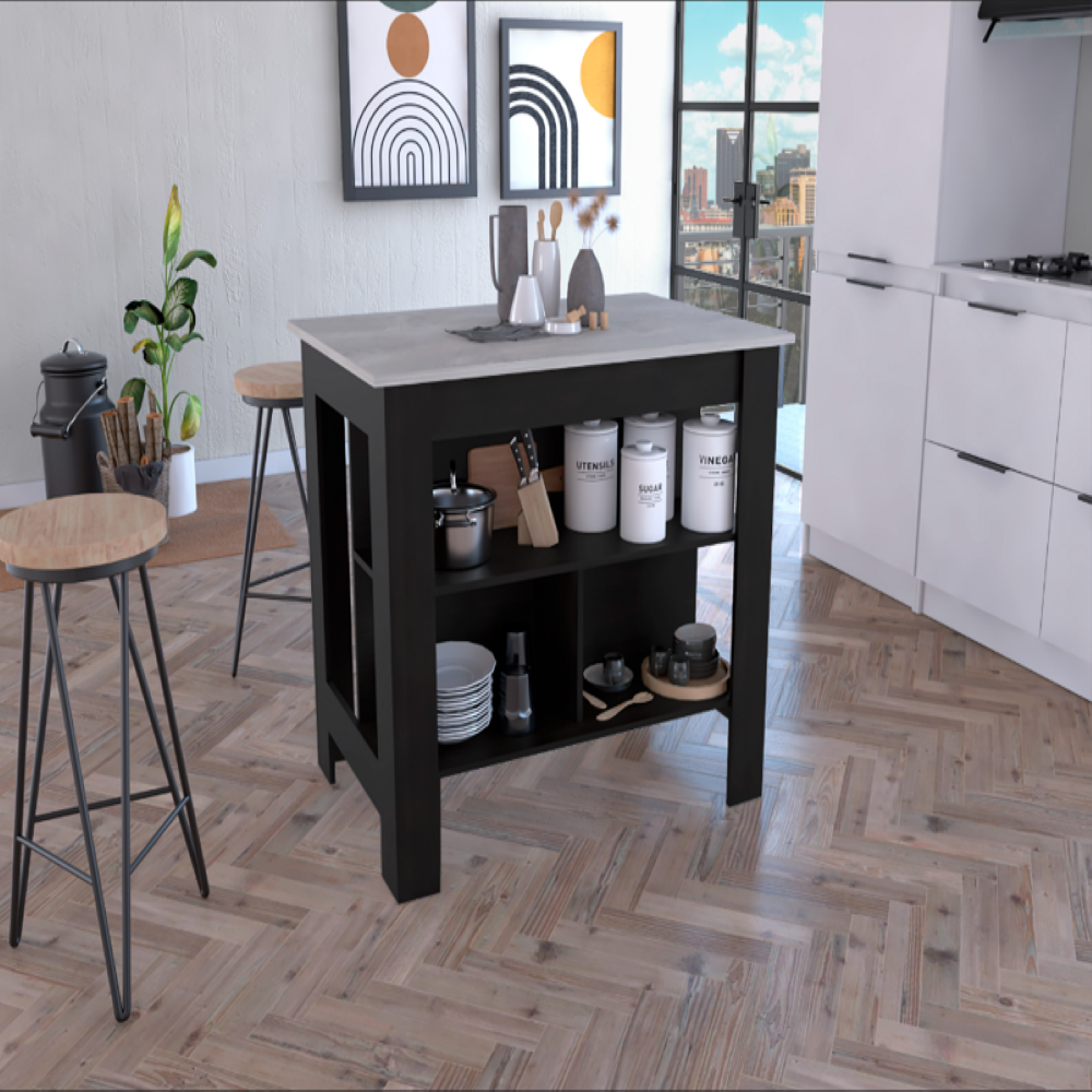 Kitchen Island Dozza, Three Shelves, Black Wengue / Ibiza Marble Finish-0