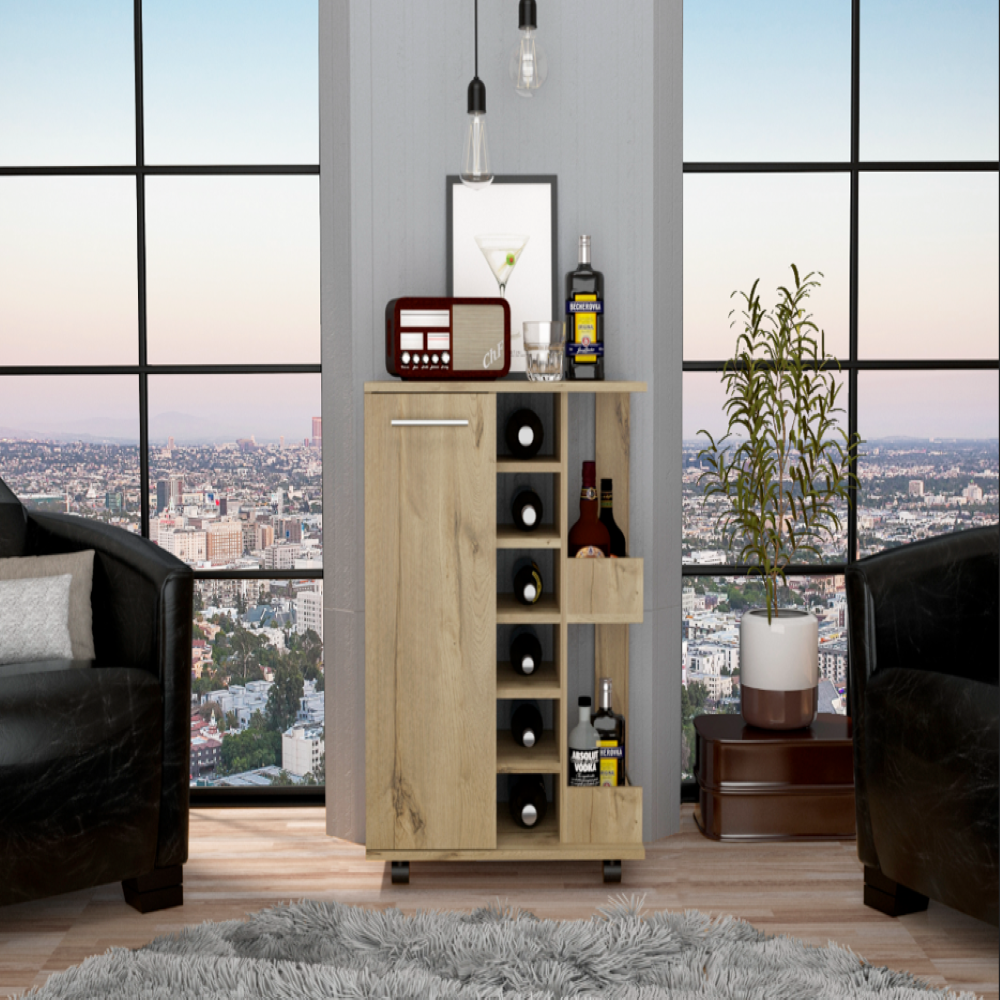 Bar Cart Wells, Four Casters, Six Wine Cubbies, Single Door Cabinet, Light Oak Finish-0