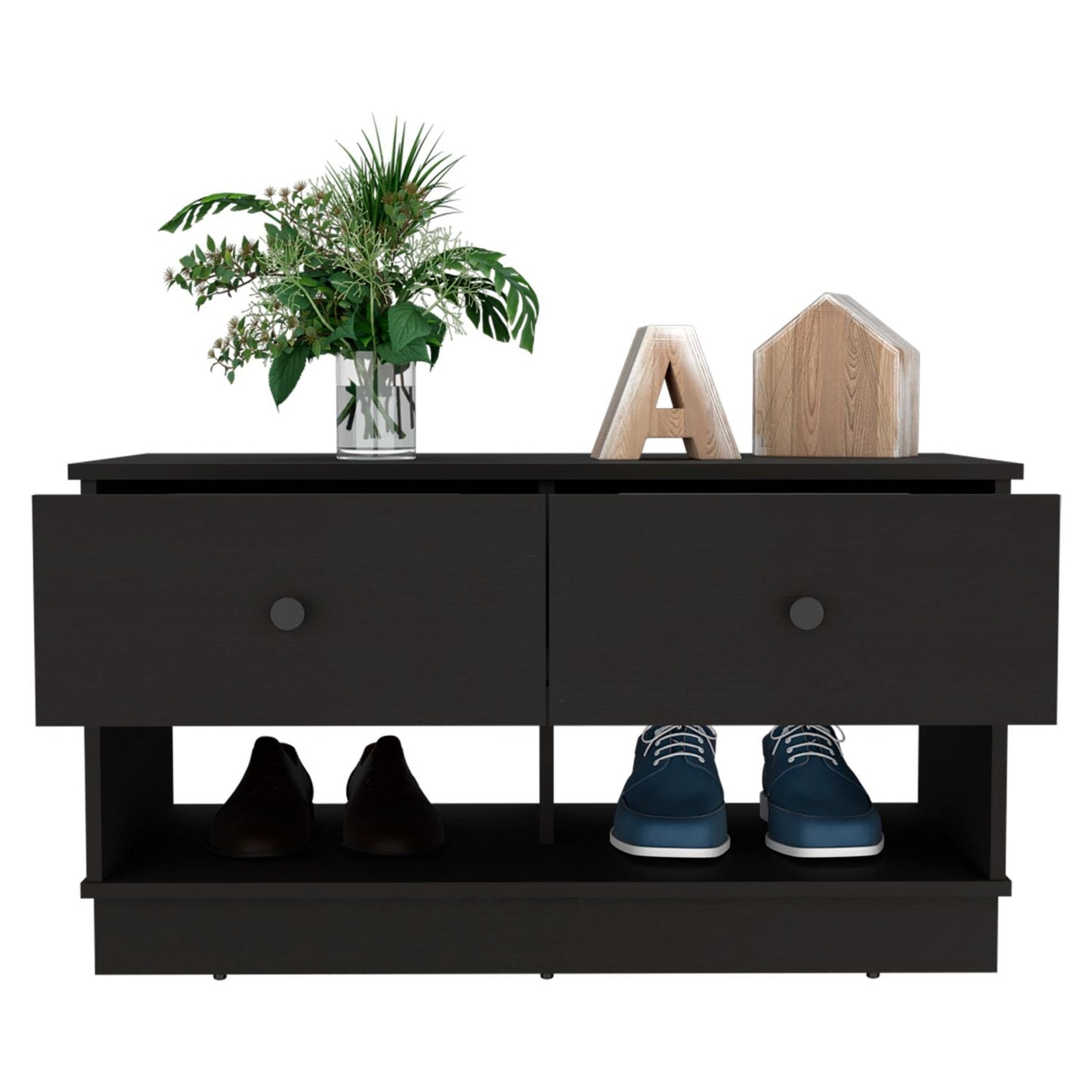 Storage Bench Beji, Lower Shelf, Two Drawers, Black Wengue Finish-3