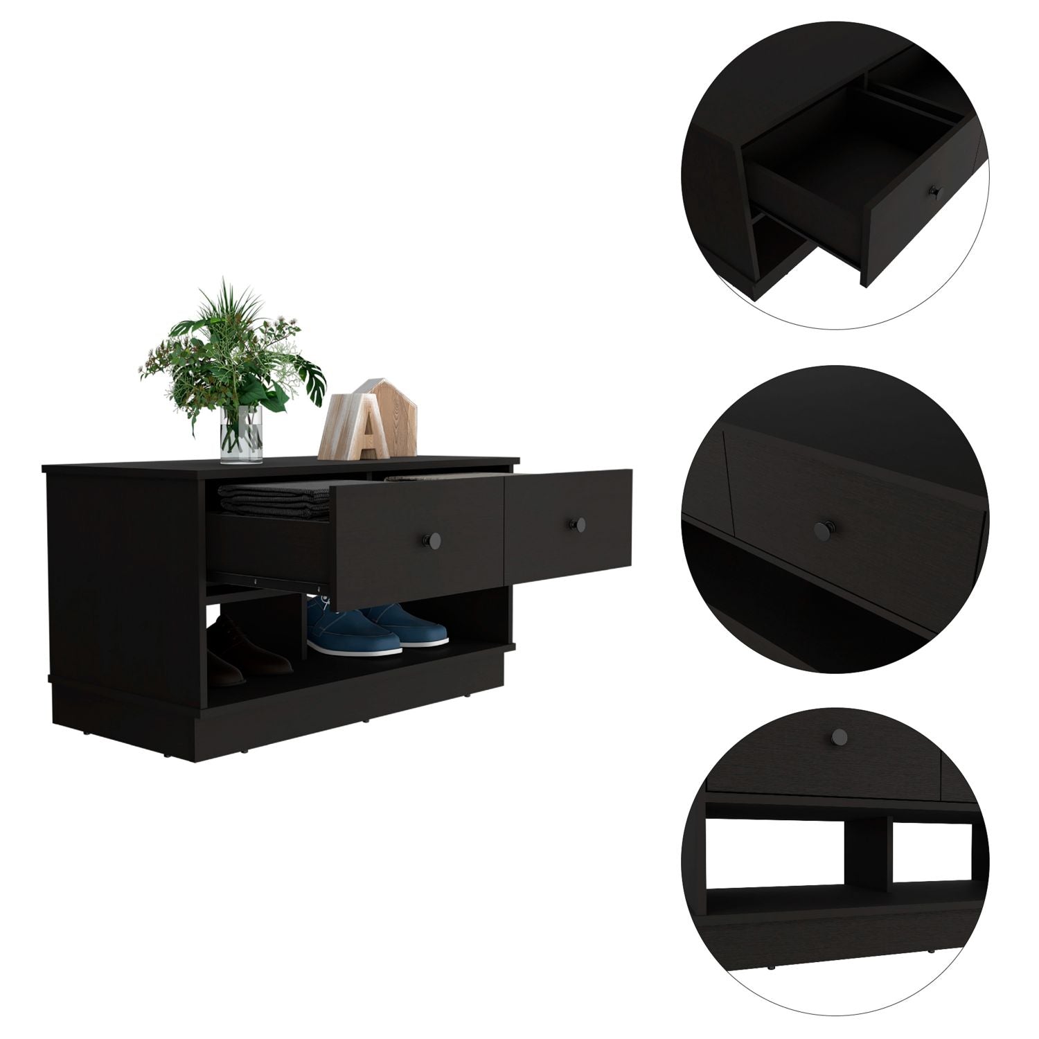 Storage Bench Beji, Lower Shelf, Two Drawers, Black Wengue Finish-2