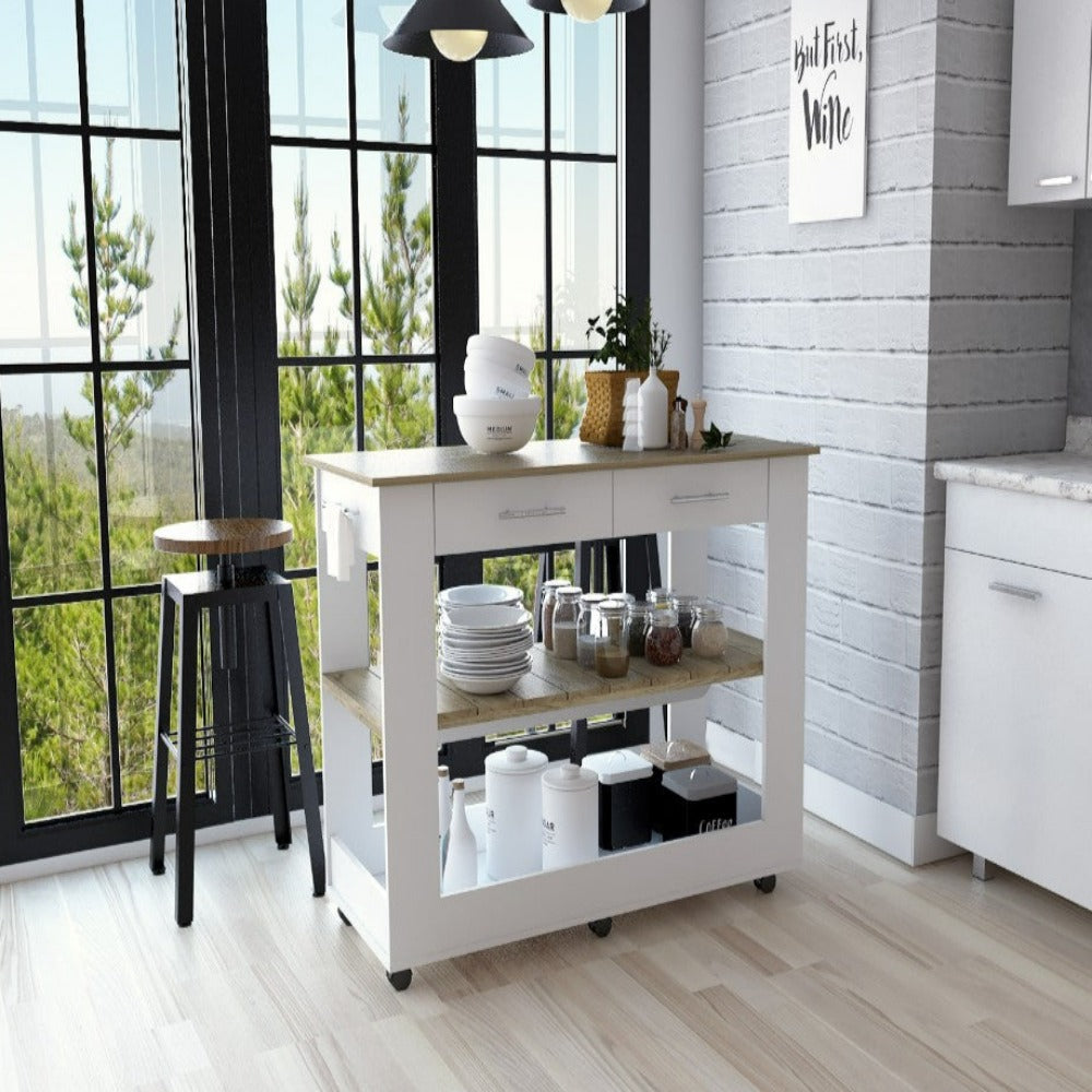 Kitchen Island 46 Inches Dozza, Two Drawers, White / Light Oak Finish-0