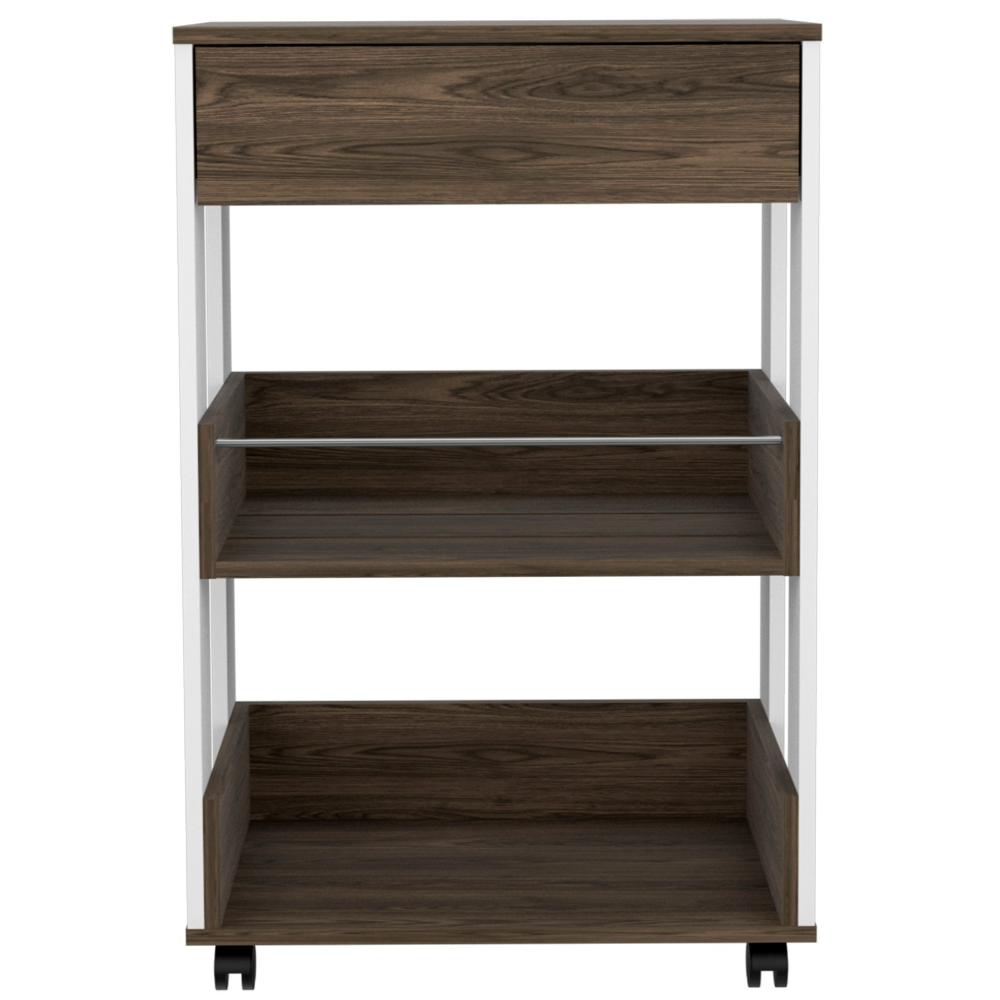 Kitchen Cart Coron with Drawer, Three-Tier Shelves and Casters, White / Dark Walnut Finish-3