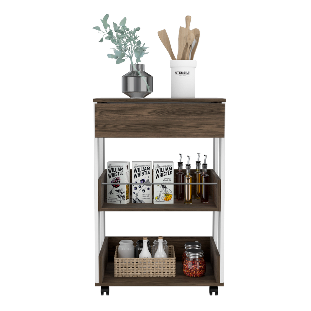 Kitchen Cart Coron with Drawer, Three-Tier Shelves and Casters, White / Dark Walnut Finish-2