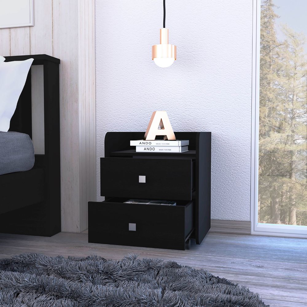 Nightstand Csmet, Metal Handle, Two Drawers, Black Wengue Finish-1