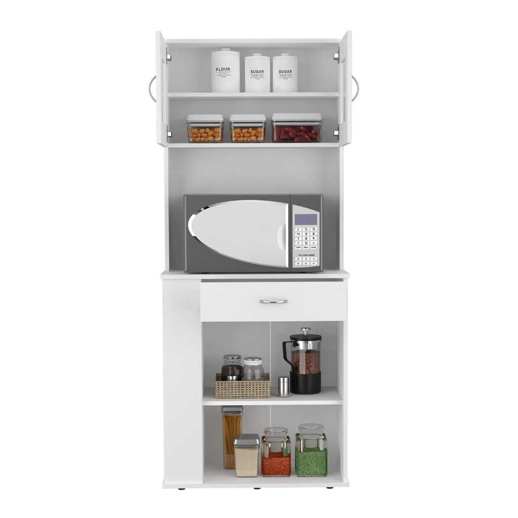 Pantry Double Door Cabinet Folbert, Three Side Shelves, White Finish-2