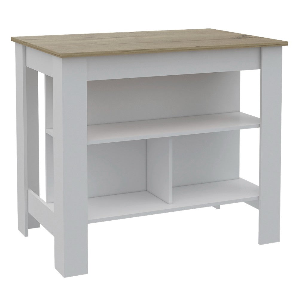 Kitchen Island Dozza, Three Shelves, White / Light Oak Finish-2