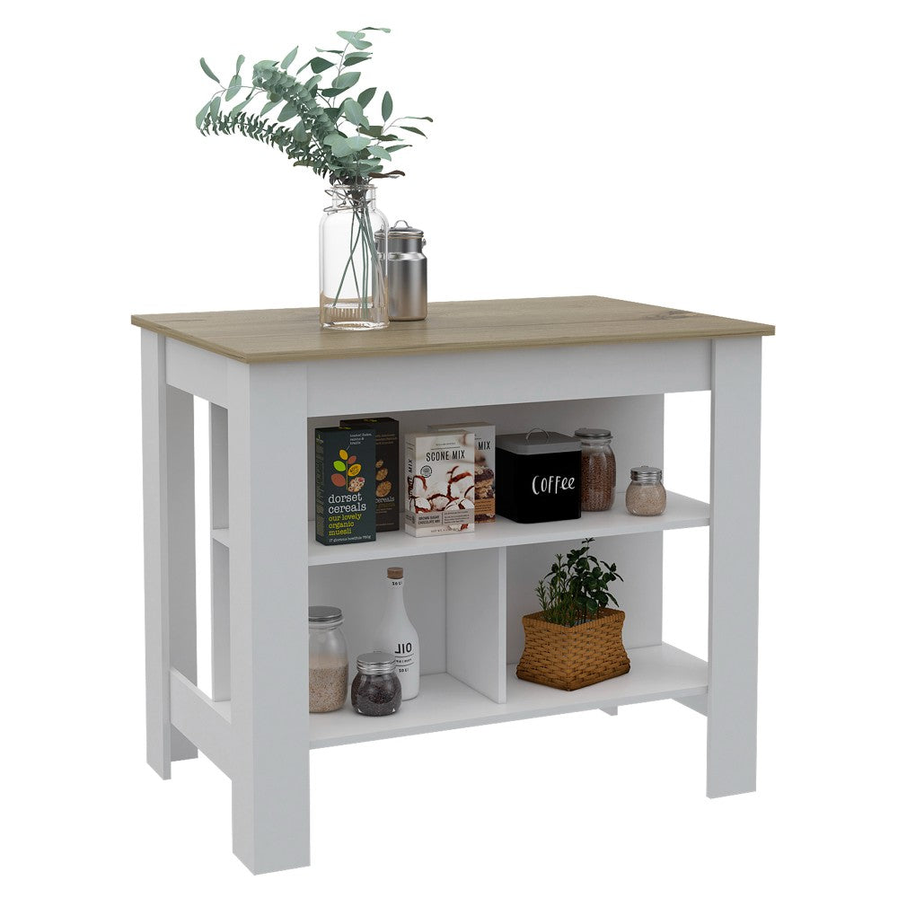 Kitchen Island Dozza, Three Shelves, White / Light Oak Finish-4