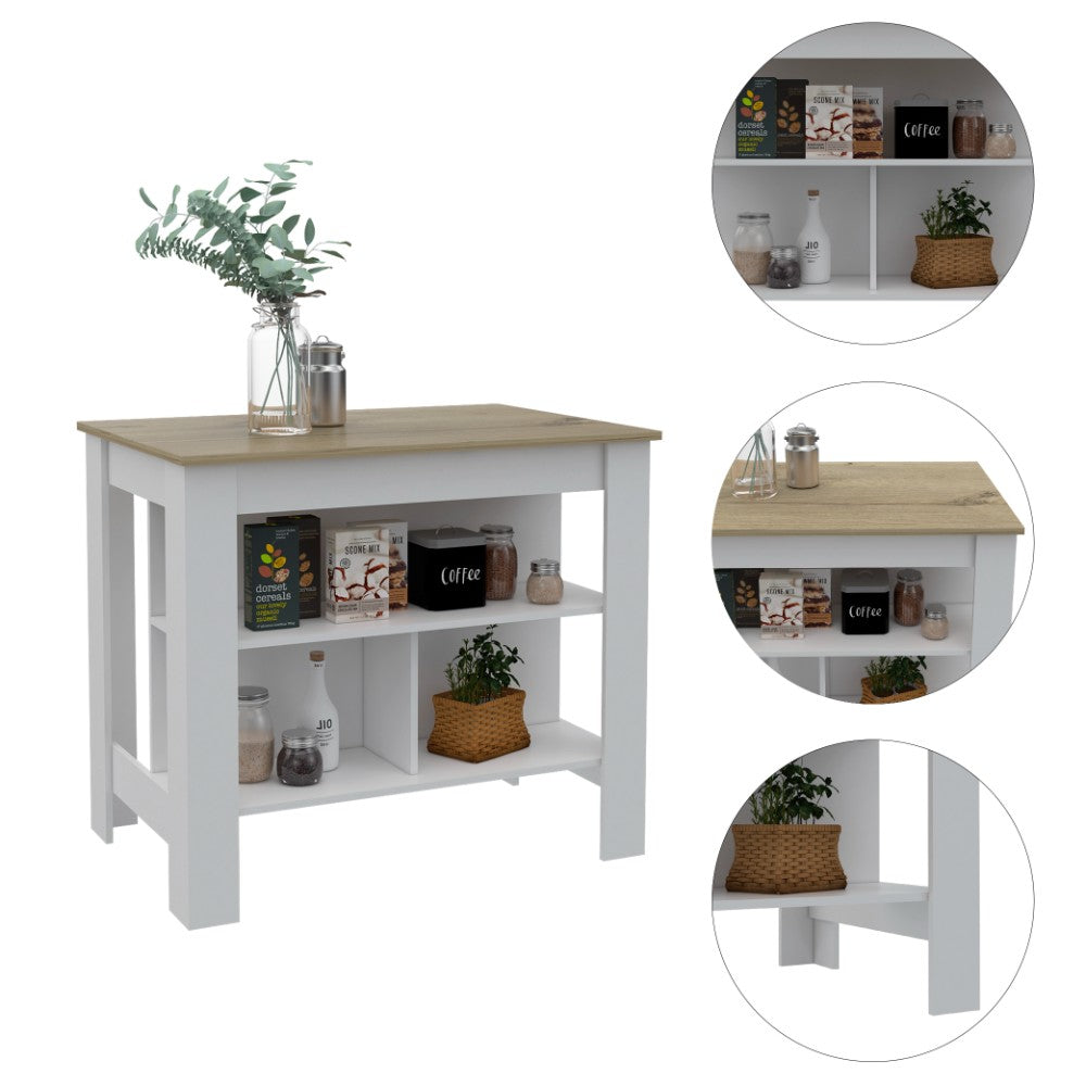 Kitchen Island Dozza, Three Shelves, White / Light Oak Finish-1