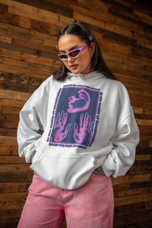 Hoodie in White With The Realm of Imagination Print-0