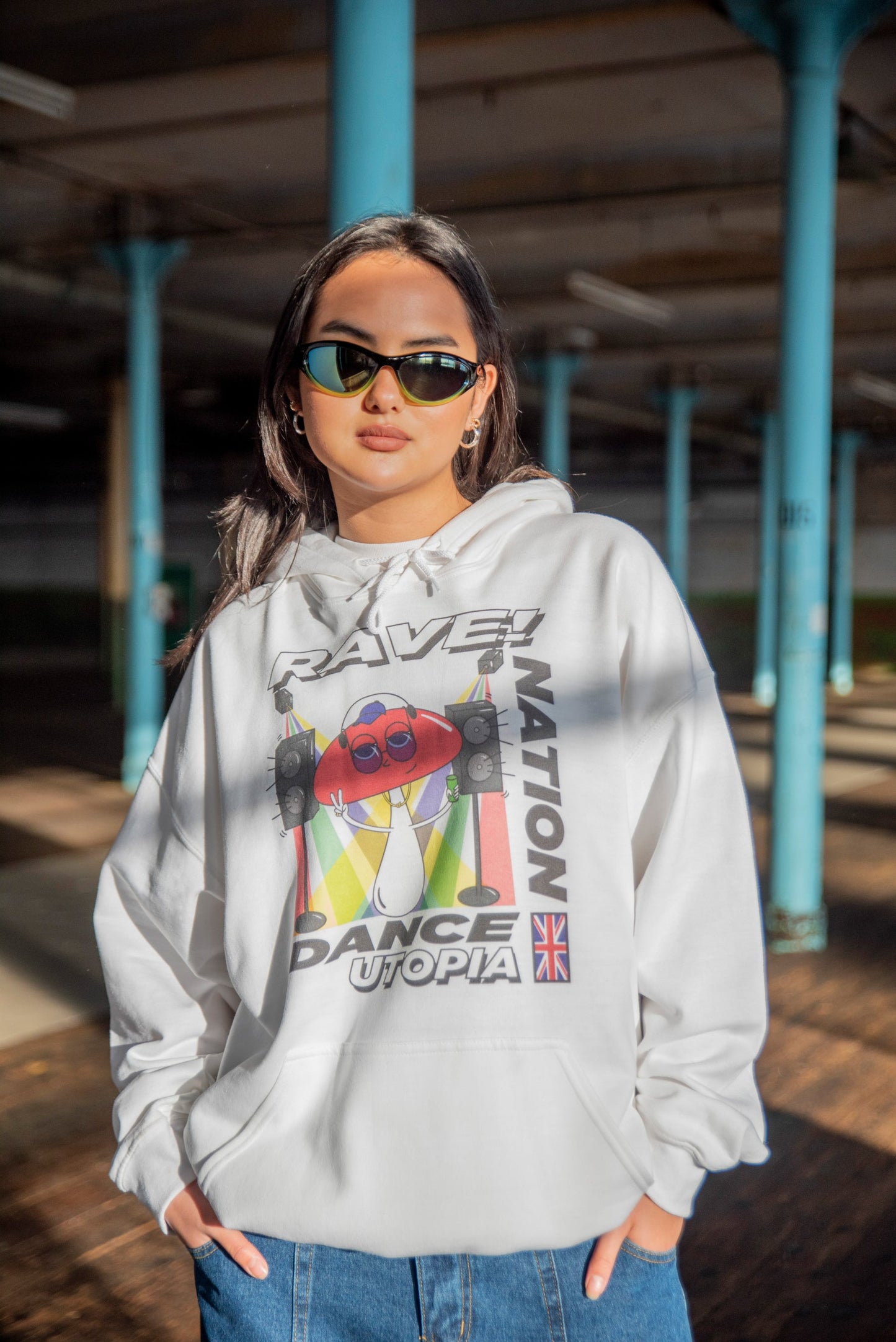 Hoodie in White with Mushroom Dance Utopia Print-0