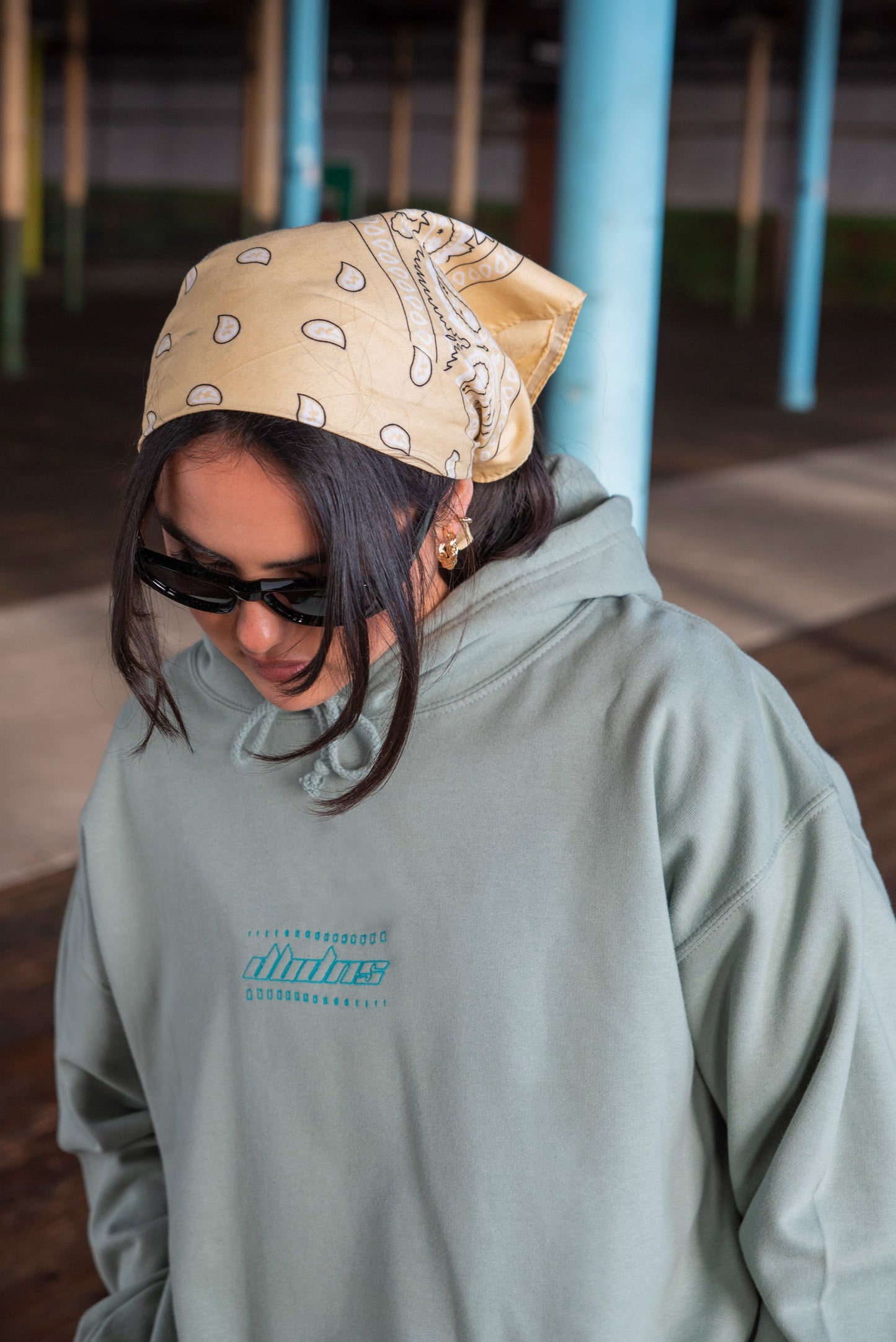 Unisex Hoodie in Dusty Green with Futuristic Logo Embroidery-3