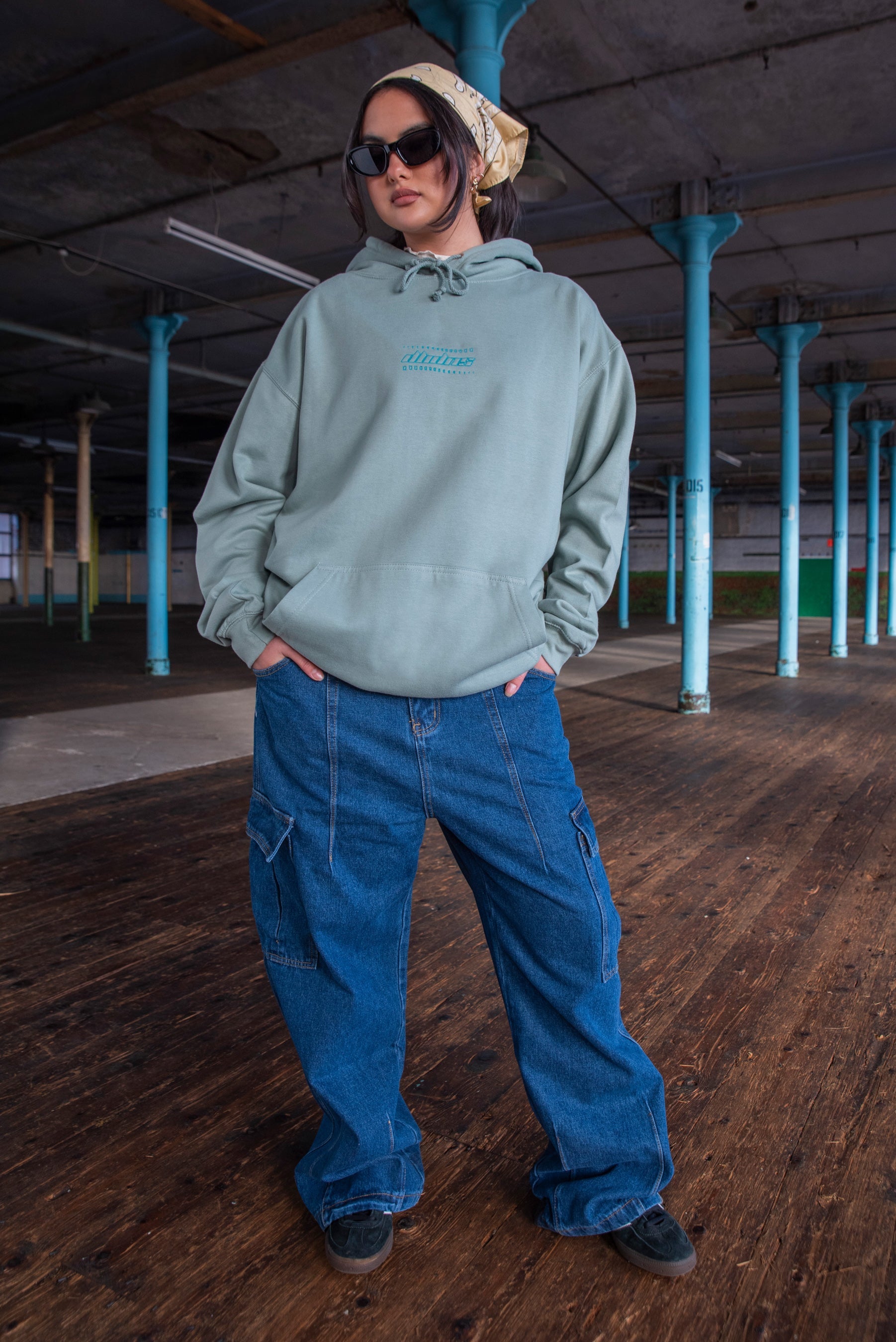 Unisex Hoodie in Dusty Green with Futuristic Logo Embroidery-1