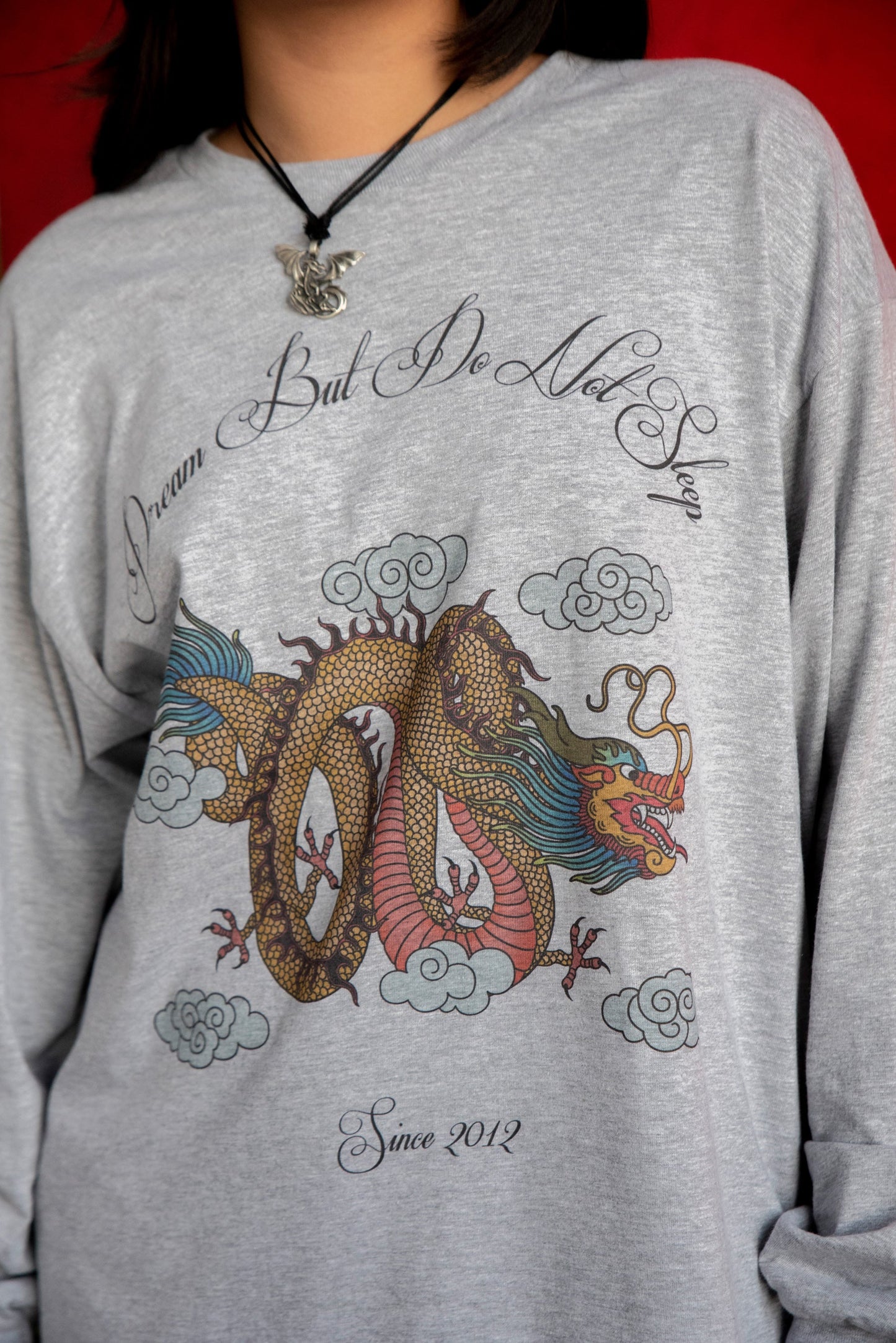 Long Sleeved T-shirt in Heather Grey With Chinese Dragon Print-1