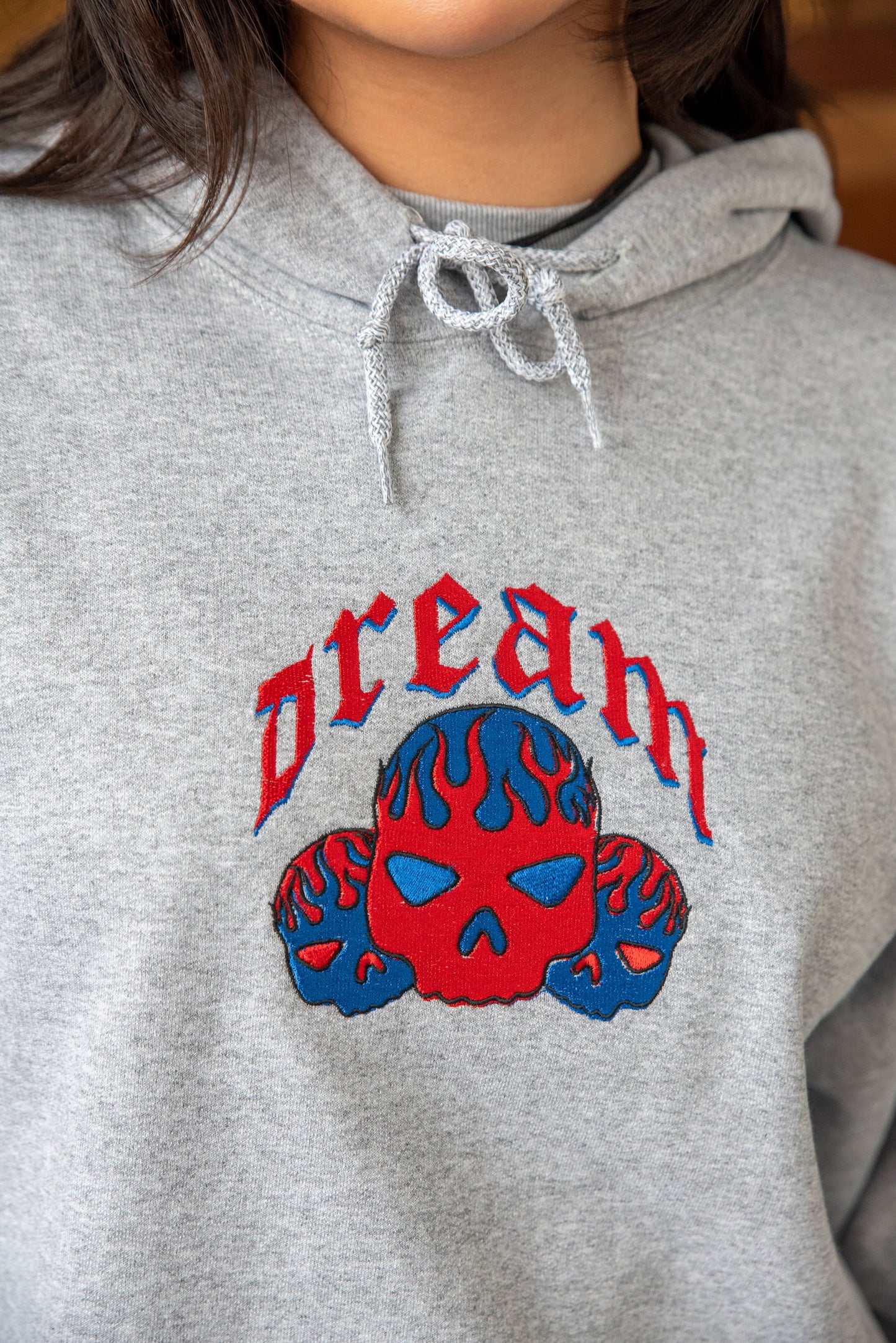 Hoodie in Heather Grey With Flaming Skull Embroidery-1