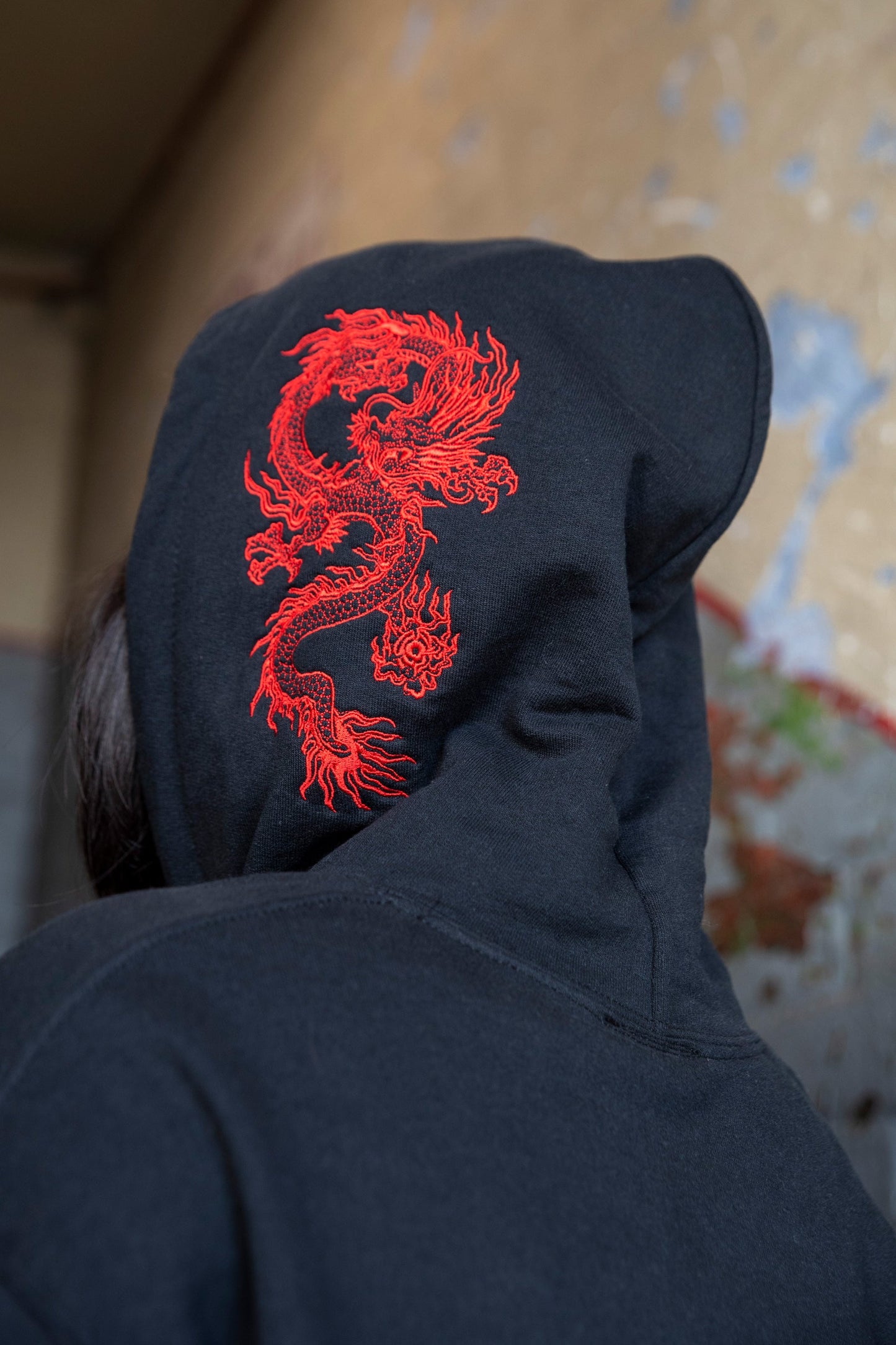 Hoodie in Black with Red Dragon Embroidery-3