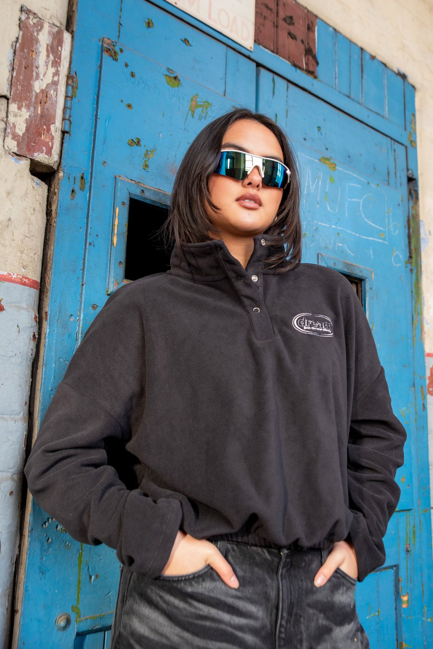 Cropped Fleece In Black With Oval Logo Embroidery-0