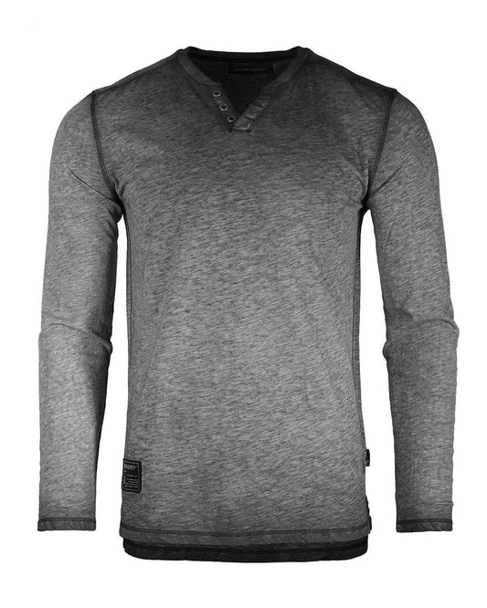 ZIMEGO Mens Long Sleeve V-Neck Henley Oil Wash Contrast Seam Vintage Shirt - Charcoal-0