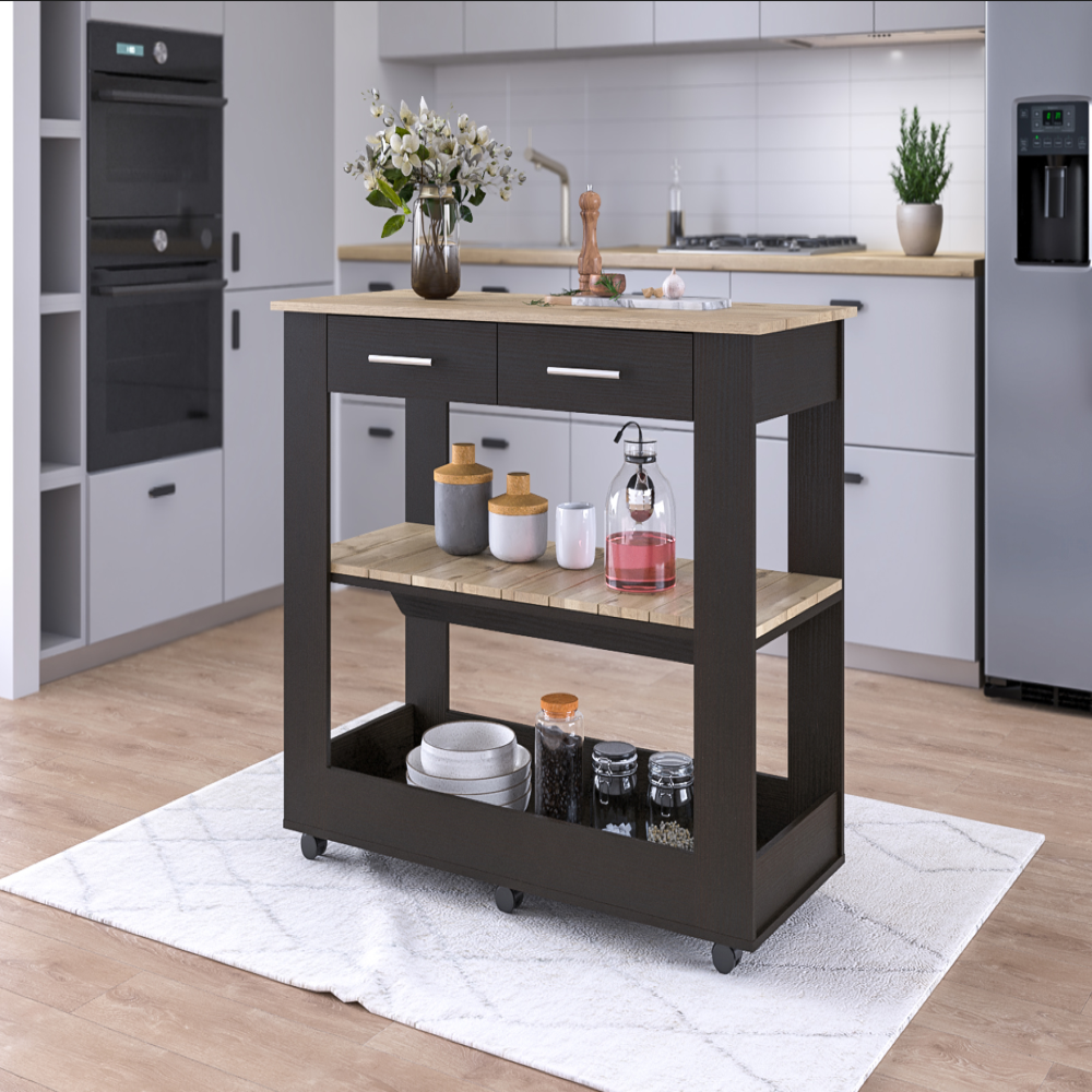 Kitchen Island 46 Inches Dozza, Two Drawers, Black Wengue / Light Oak Finish-0