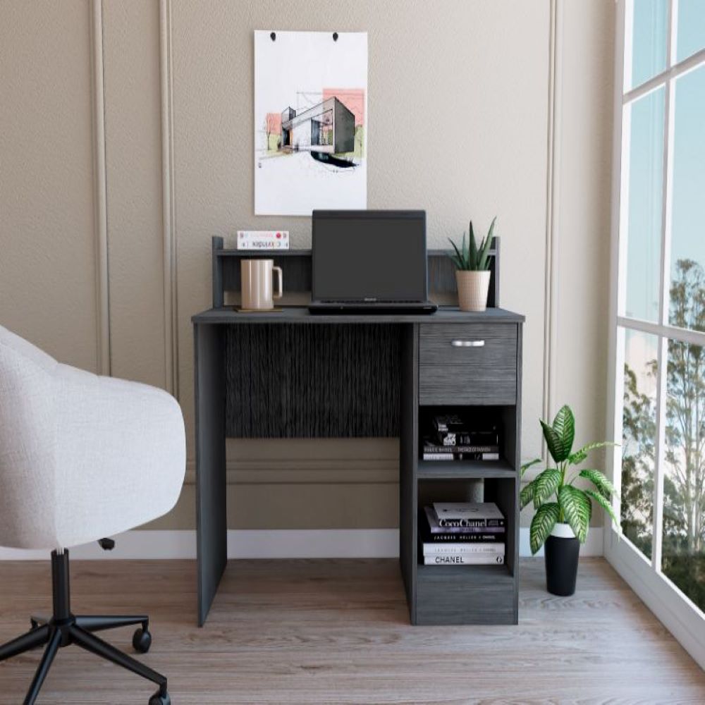 Computer Desk Delmar with Open Storage Shelves and Single Drawer, Smokey Oak Finish-0