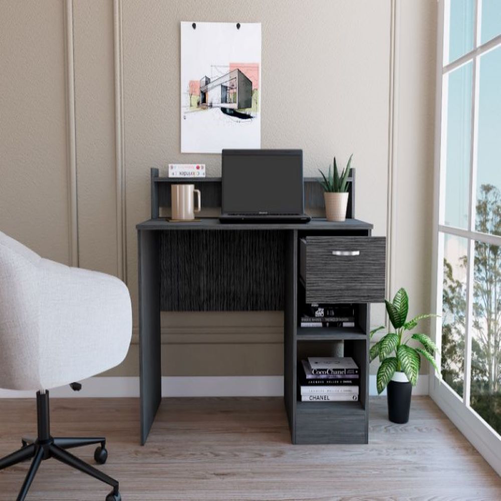 Computer Desk Delmar with Open Storage Shelves and Single Drawer, Smokey Oak Finish-1