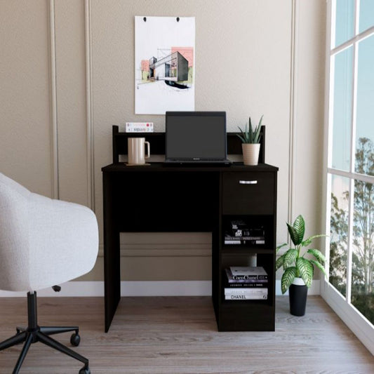 Computer Desk Delmar with Open Storage Shelves and Single Drawer, Black Wengue Finish-0