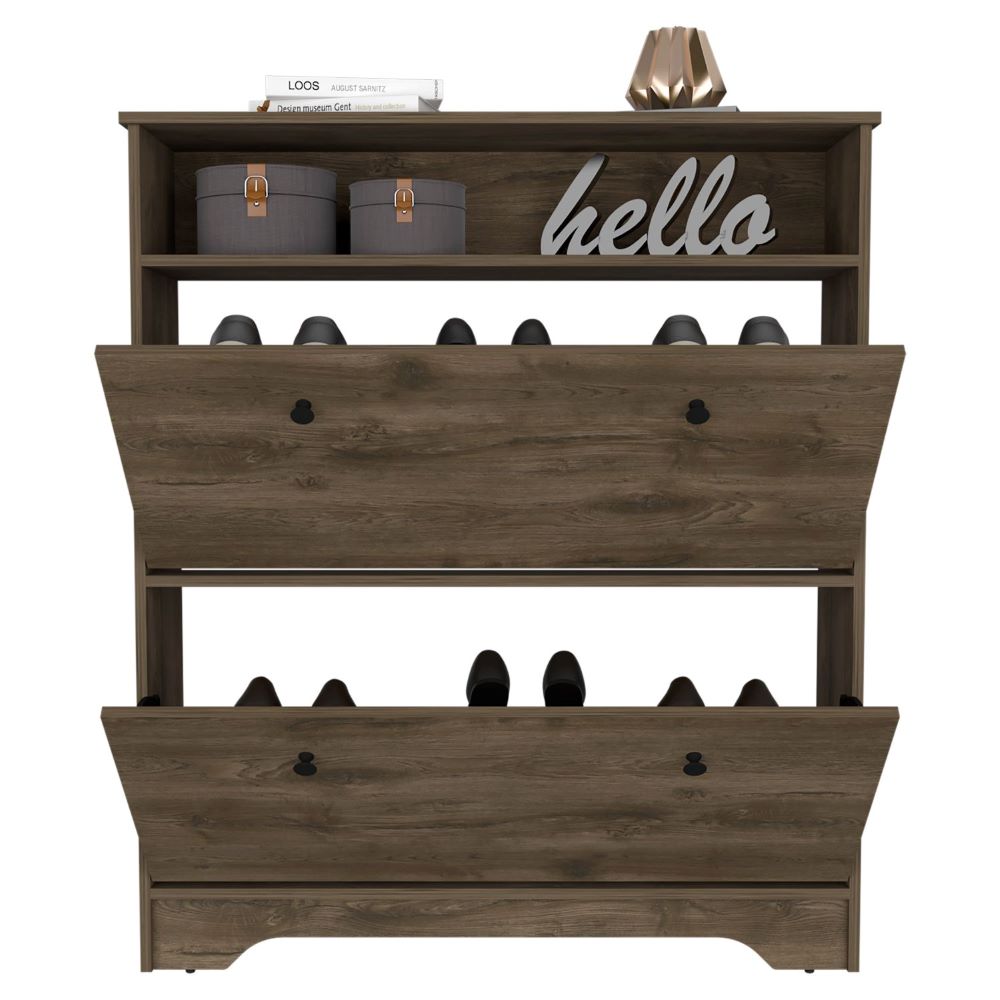 Shoe Rack Dublin, One Open Shelf, Two Extendable Cabinets, Dark Brown Finish-2