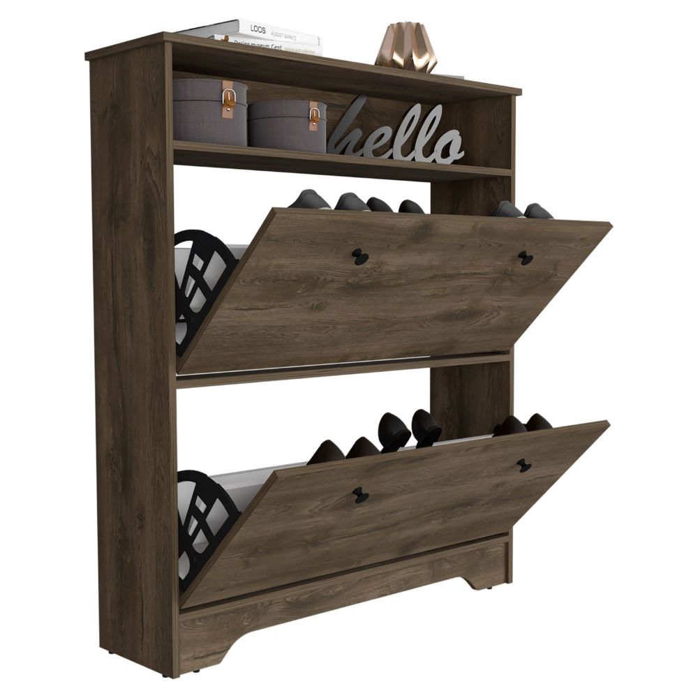 Shoe Rack Dublin, One Open Shelf, Two Extendable Cabinets, Dark Brown Finish-4