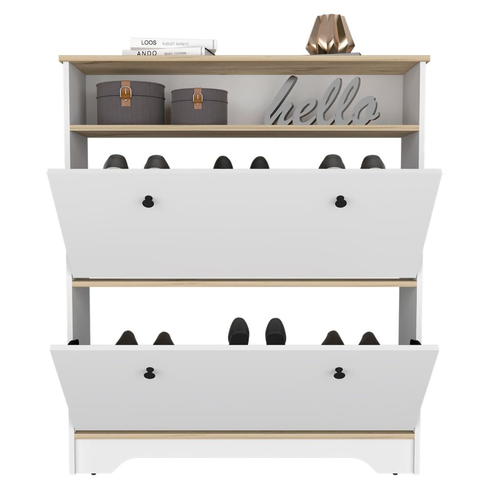 Shoe Rack Dublin, One Open Shelf, Two Extendable Cabinets, Light Oak / White Finish-2