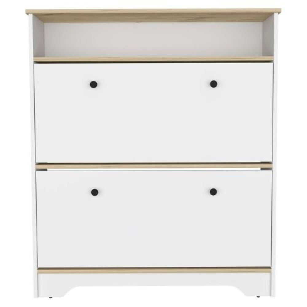 Shoe Rack Dublin, One Open Shelf, Two Extendable Cabinets, Light Oak / White Finish-3