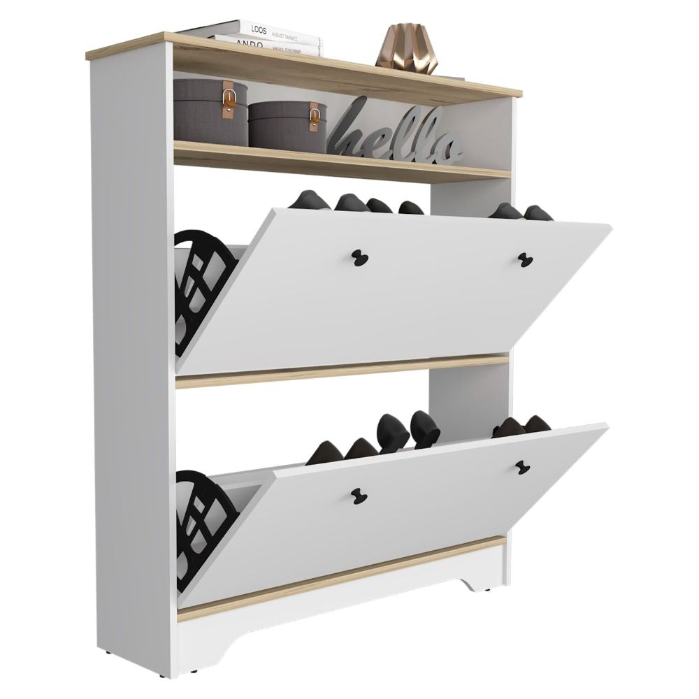 Shoe Rack Dublin, One Open Shelf, Two Extendable Cabinets, Light Oak / White Finish-4