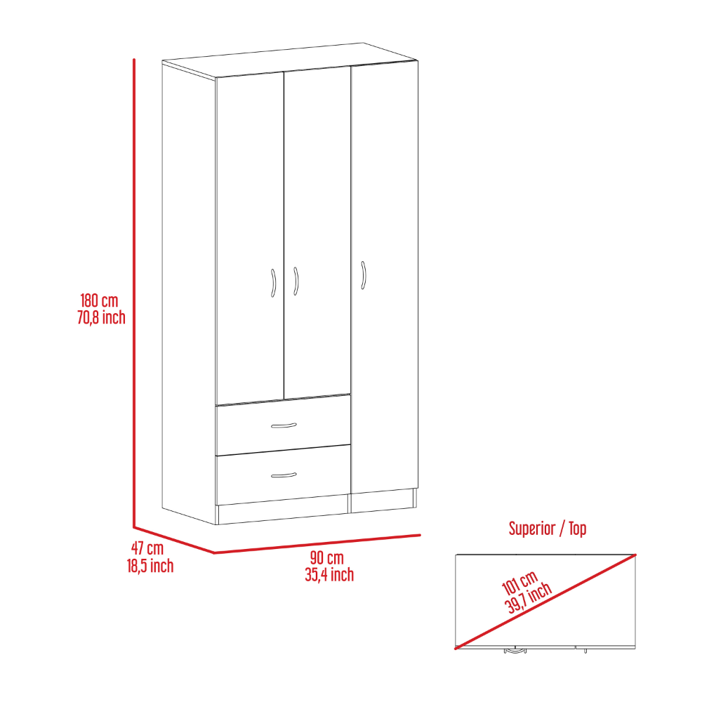 Three Door Armoire Clark, Metal Rod, Smokey Oak / White Finish-4