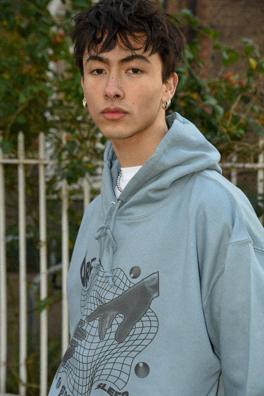 Hoodie in Dusty Blue with Sci Fi Rave Hands Print-0