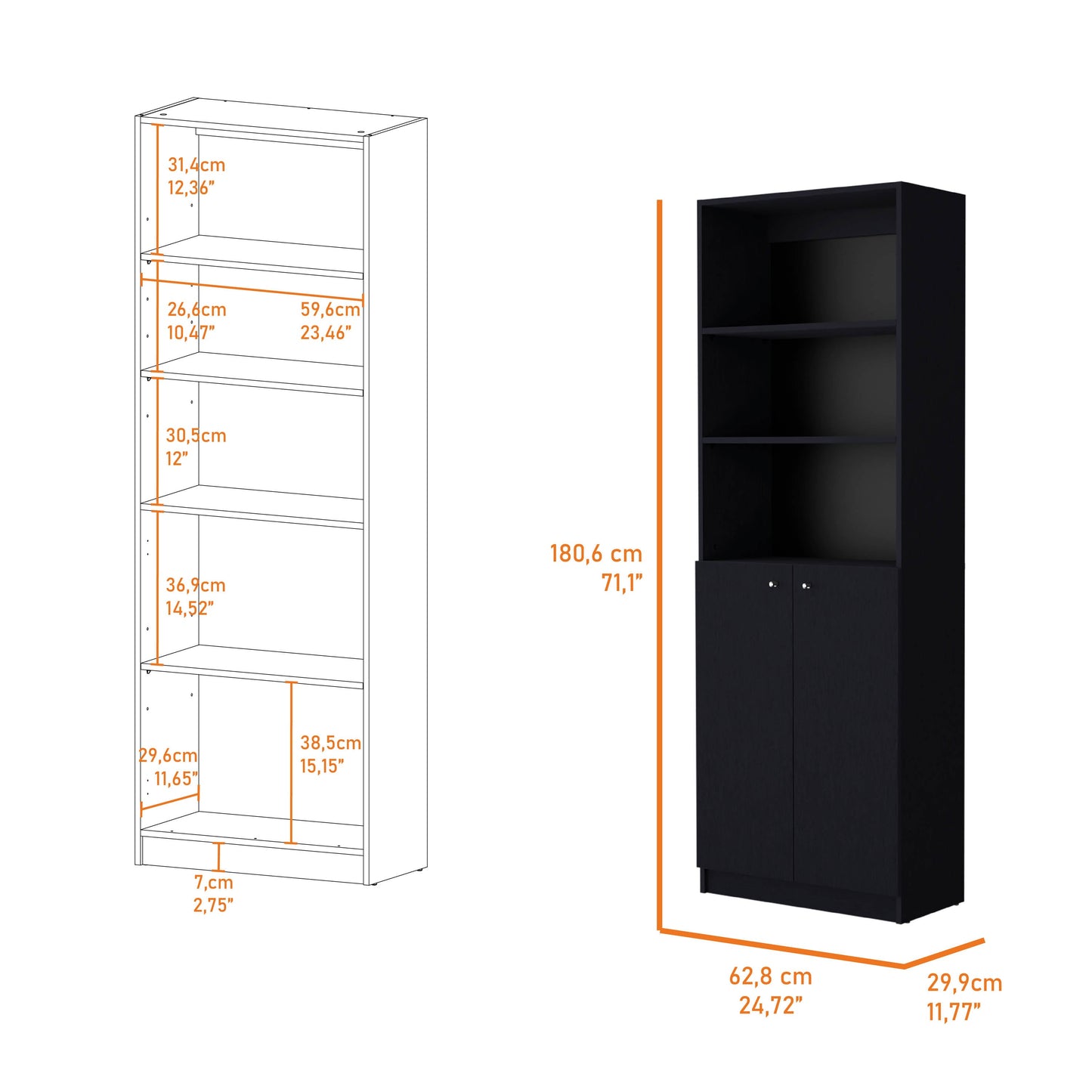 Bookcase Dual-Door Benzoni, Tier-Shelf in Modern Design, Black Wengue Finish-4