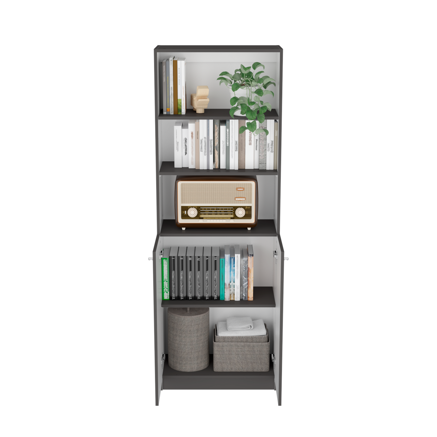 Bookcase Dual-Door Benzoni, Tier-Shelf in Modern Design, Matt Gray / White Finish-4