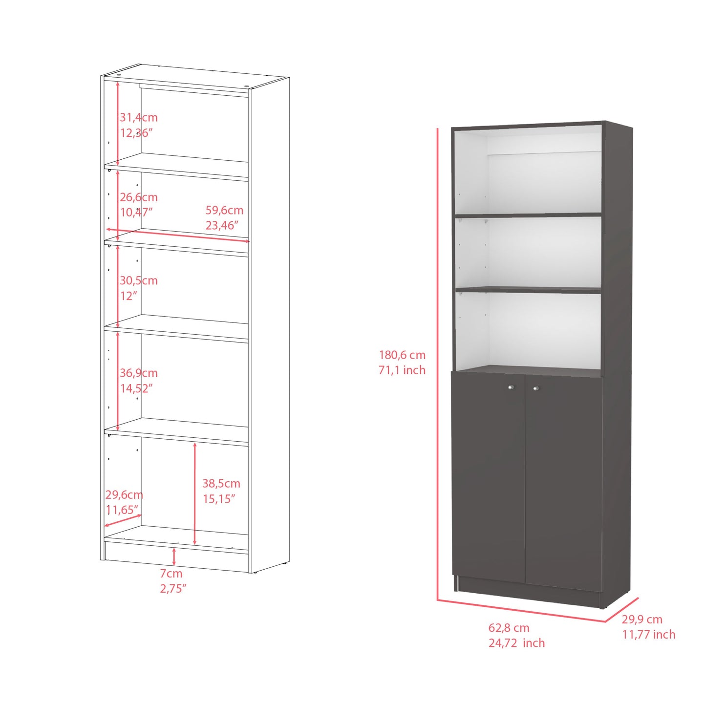 Bookcase Dual-Door Benzoni, Tier-Shelf in Modern Design, Matt Gray / White Finish-1