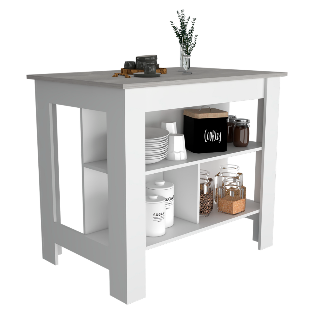 Kitchen Island Dozza, Three Shelves, White / Ibiza Marble Finish-3