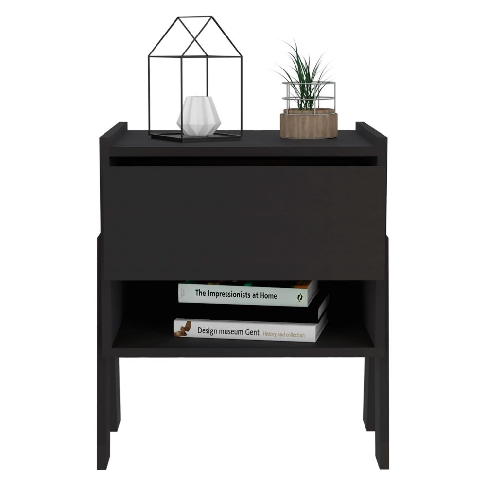 Nightstand Ferku, Open Shelf, One Drawer, Black Wengue Finish-2